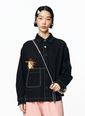 MOVEUP幻走2025秋季新款.FUN系列纯棉小方领贴布绣短款衬衫女