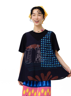 MOVEUP幻走2025夏季新款.FUN系列假两件趣味印花黑色短款T恤女