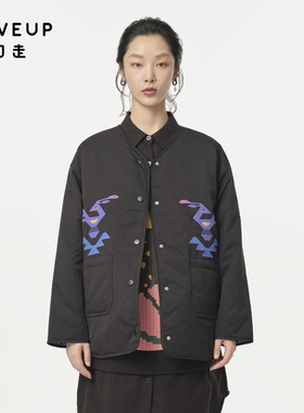 MOVEUP幻走2024秋季新款.FUN系列V领趣味绣花两面穿短款棉外套