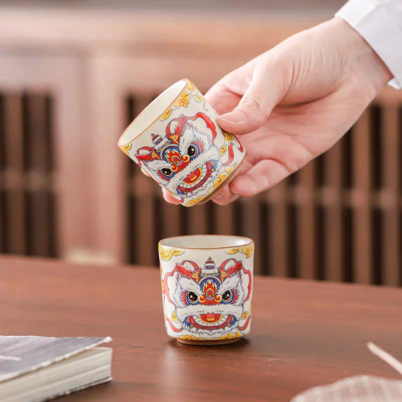 新款国潮风醒狮汝窑单杯陶瓷家用功夫茶具套装个人喝茶杯子品茗杯