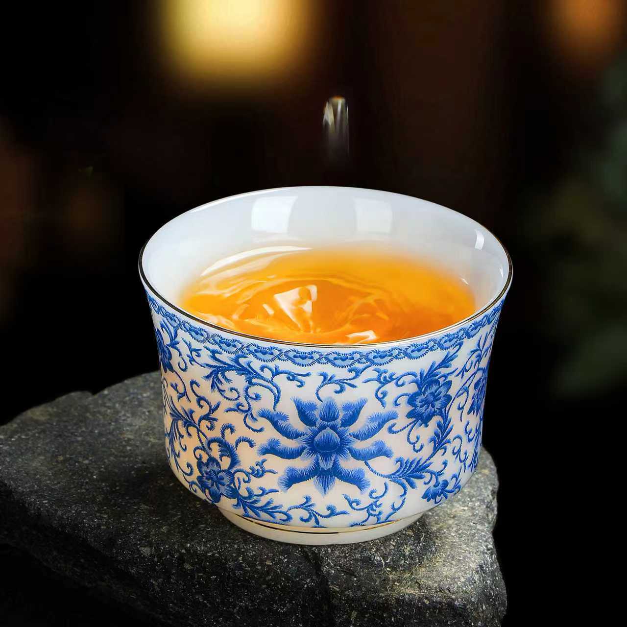 德化冰种璞玉茶杯青花缠枝莲马蹄杯家用中式陶瓷大容量主人杯送礼