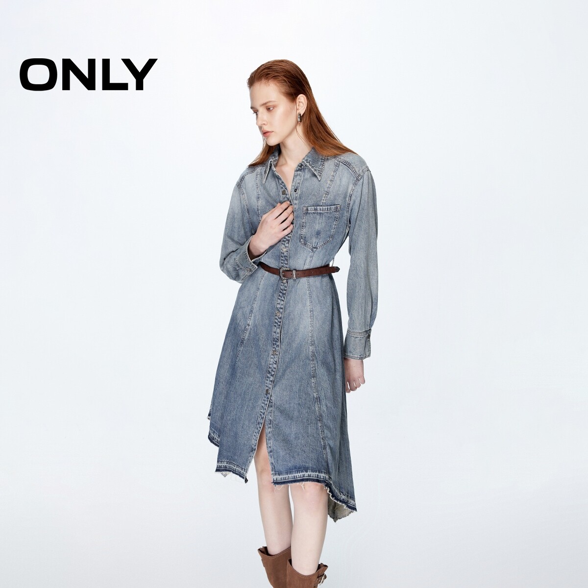 【ONLY奥莱】秋冬做旧不规则长袖中长款牛仔裙连衣裙女