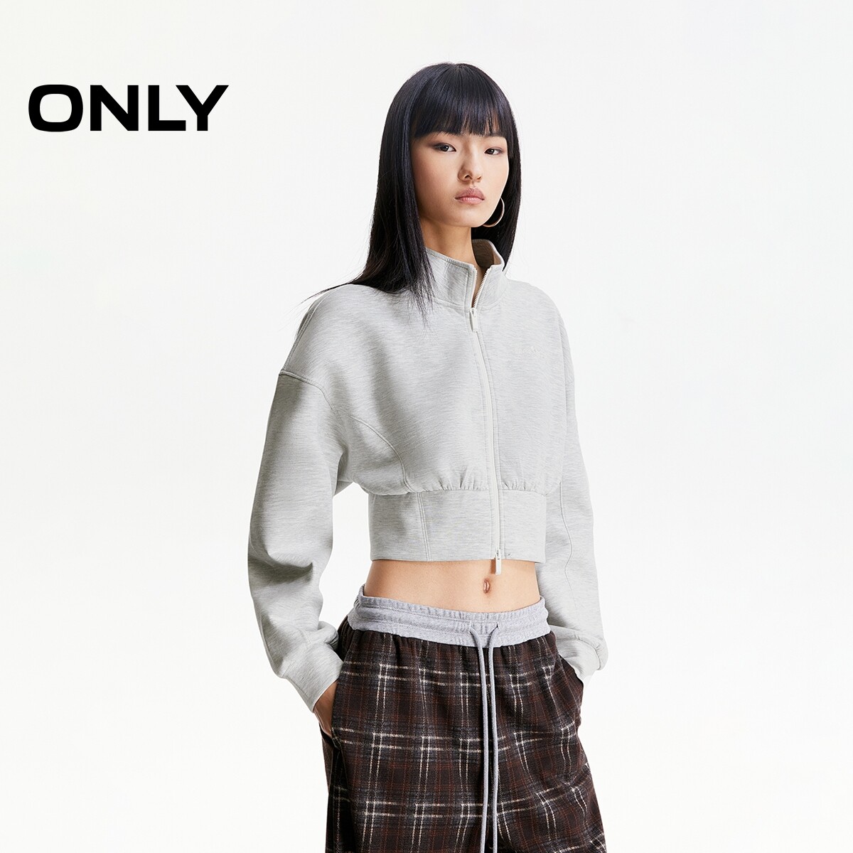 【ONLY奥莱】春夏刺绣字母装饰双向拉链设计落肩长袖开衫卫衣女