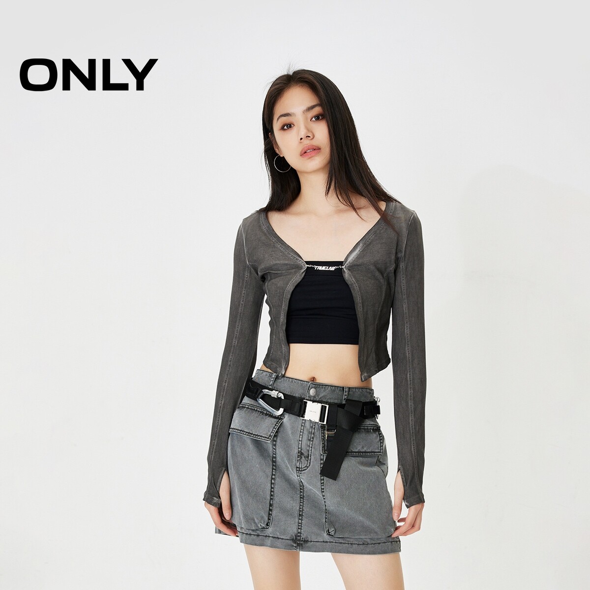 【ONLY奥莱】夏季新款休闲百搭修身拼接长袖开衫纯棉T恤女