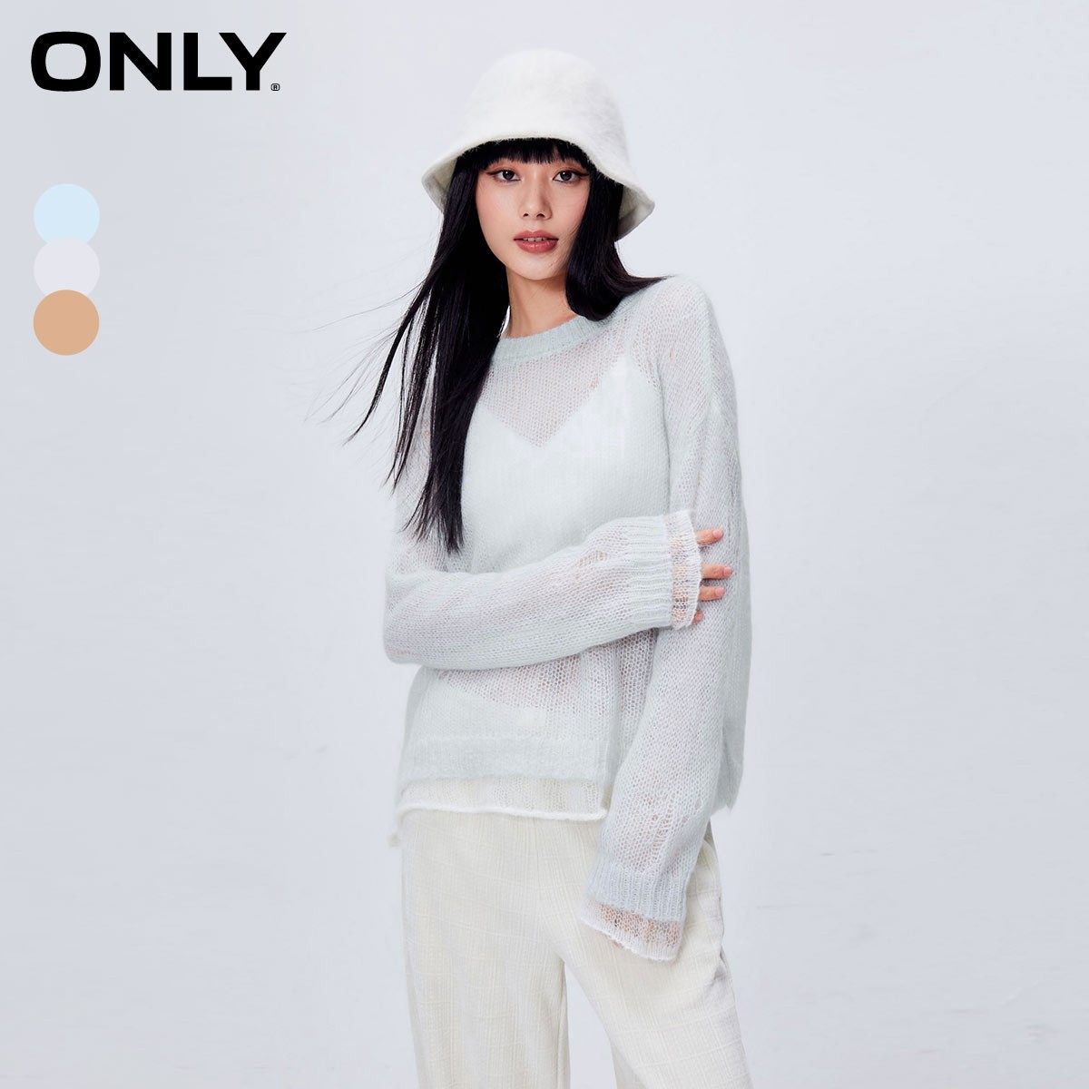 【ONLY奥莱清仓】春夏新款时尚休闲轻薄破洞落肩长袖针织衫女
