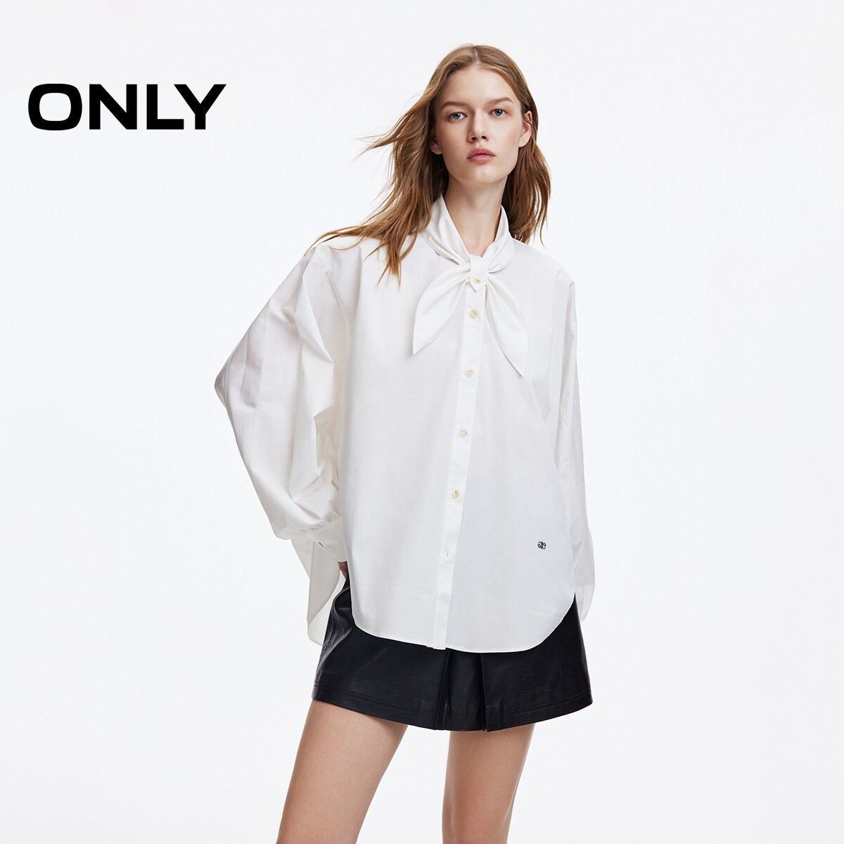 ONLY领口系结设计纯色宽松衬衫女