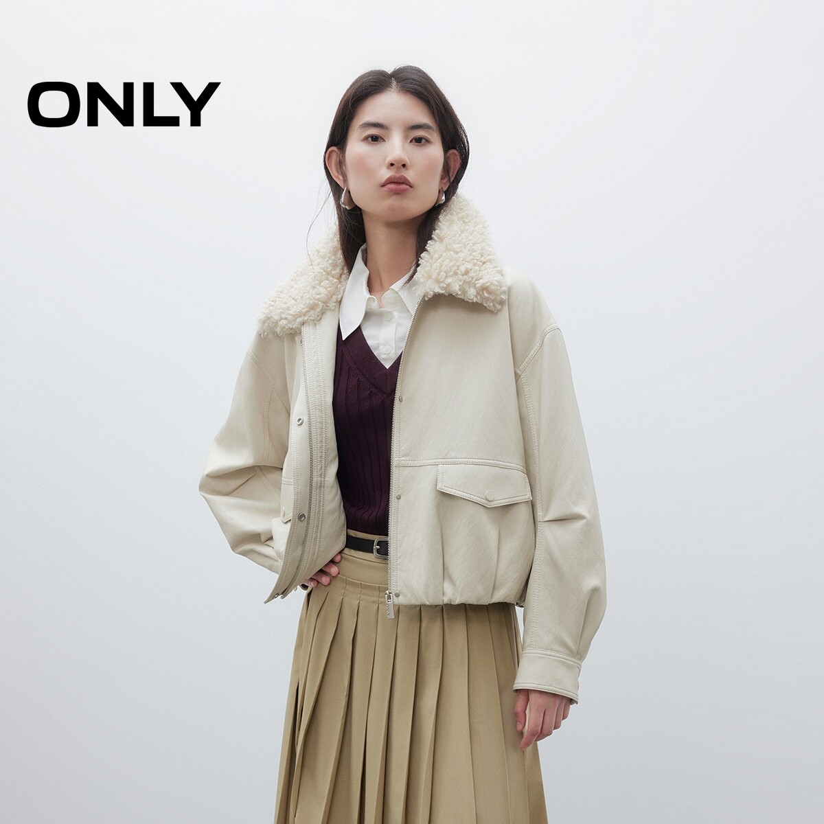 【ONLY奥莱】春夏新款宽松松弛廓形落肩PU保暖毛领翻领夹克外套女