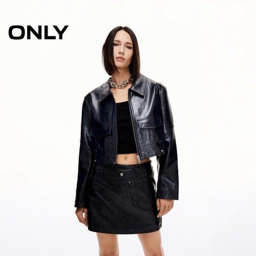 ONLY复古纯色翻领长袖短款PU外套