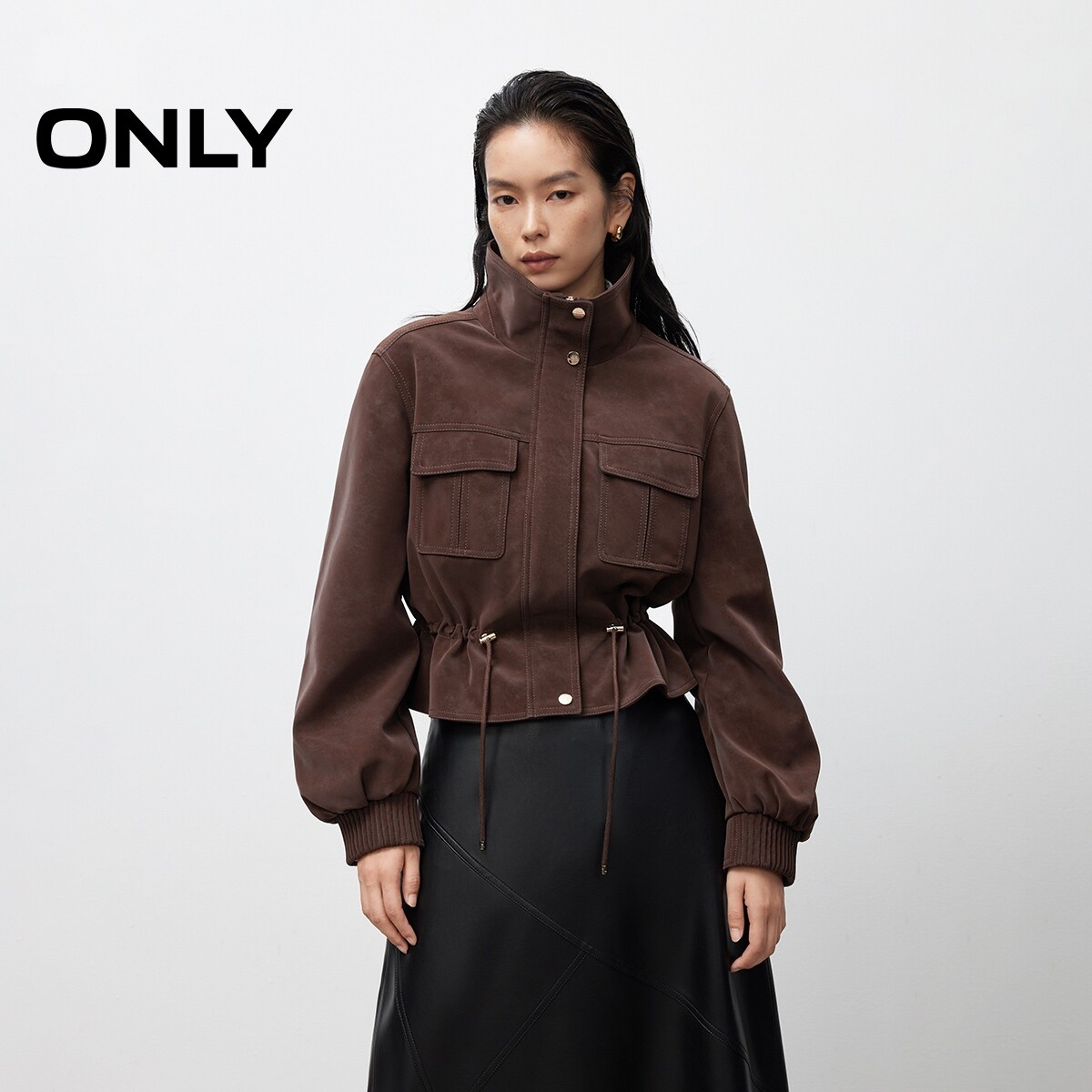 ONLY短款显瘦利落直筒PU夹克外套