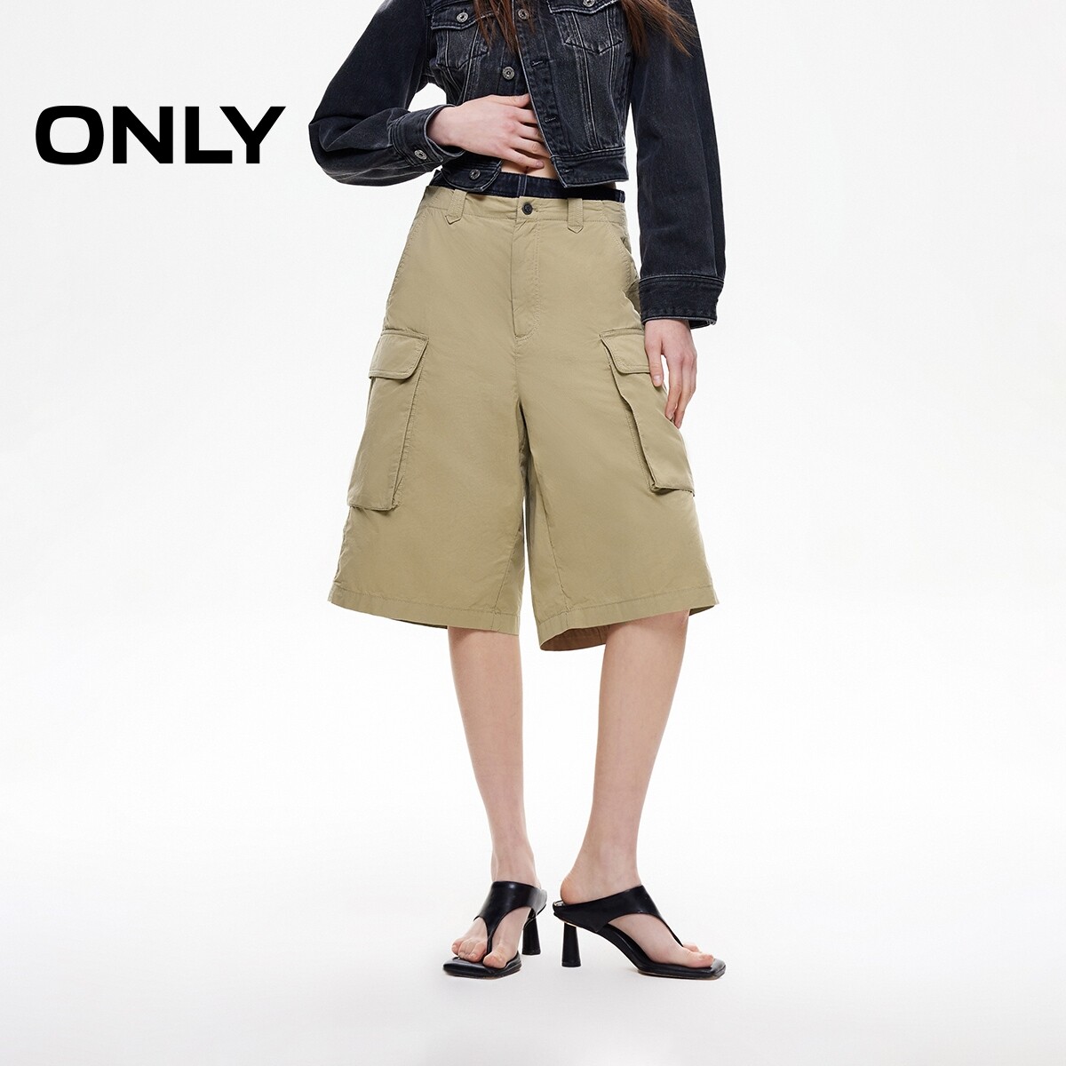 【ONLY奥莱】夏季新款纯棉工装风高腰阔腿宽松五分裤短裤休闲裤女