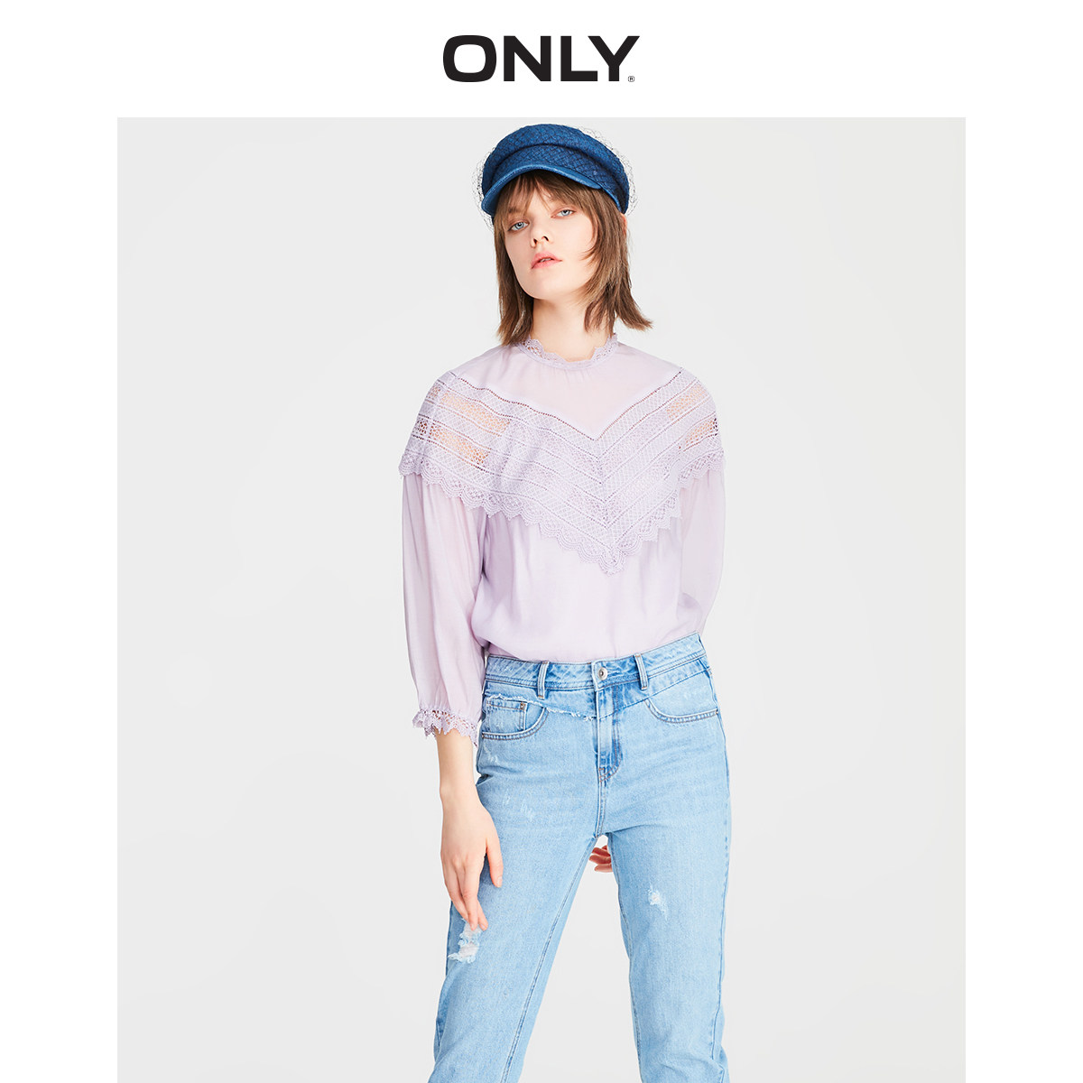 ONLY秋季新款纯色蕾丝两件套薄款七分袖T恤女|119158511