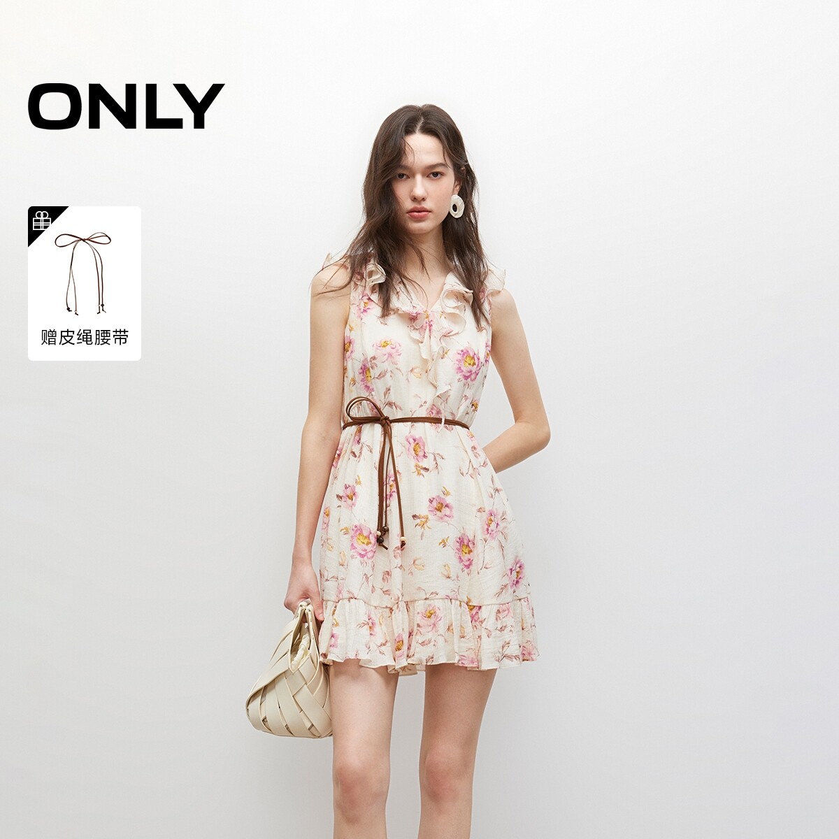 【ONLY奥莱】夏季清新碎花迷人荷叶边无袖V领收腰短裙连衣裙女