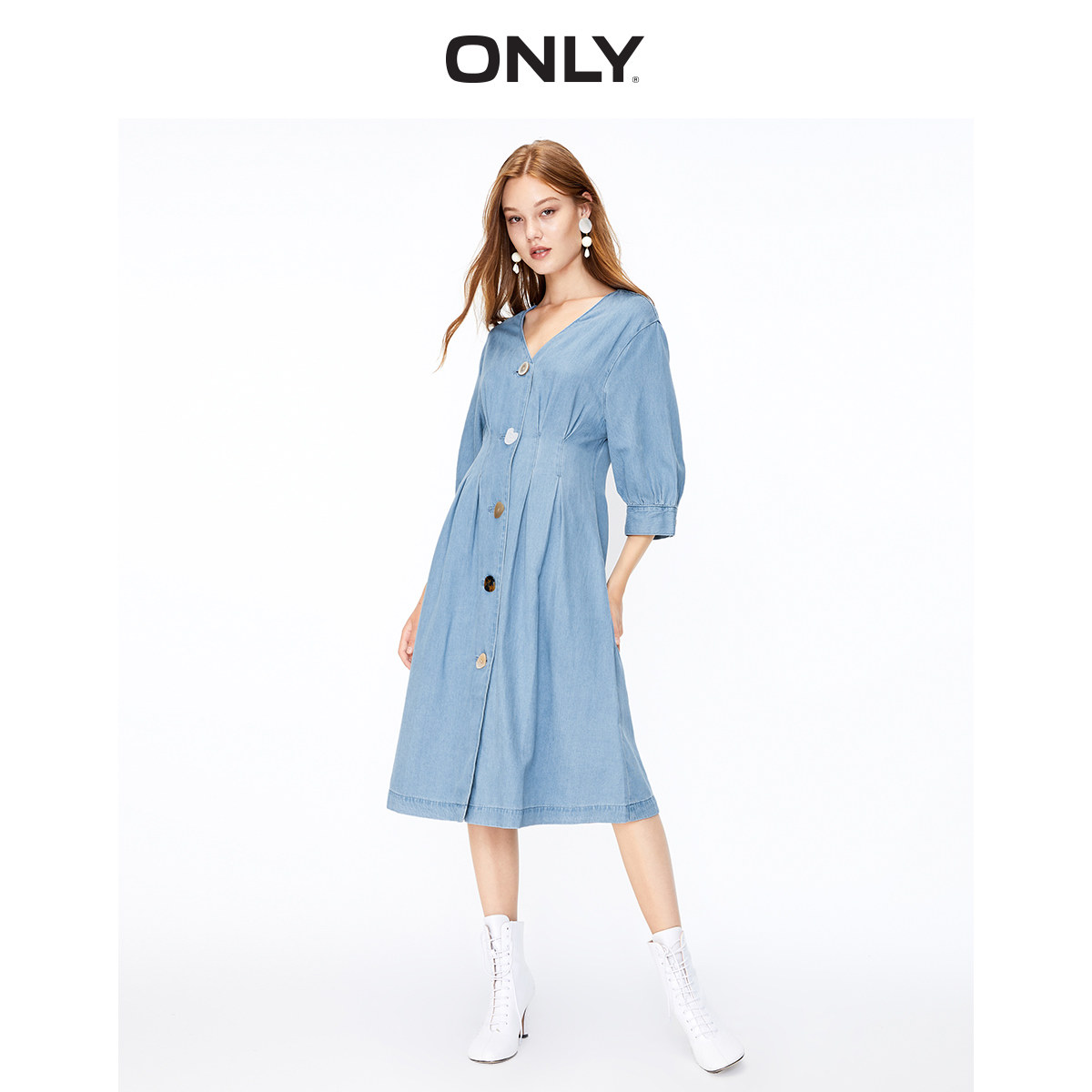 ONLY奥莱清仓秋季新款v领中长款牛仔连衣裙修身显瘦女|119342509