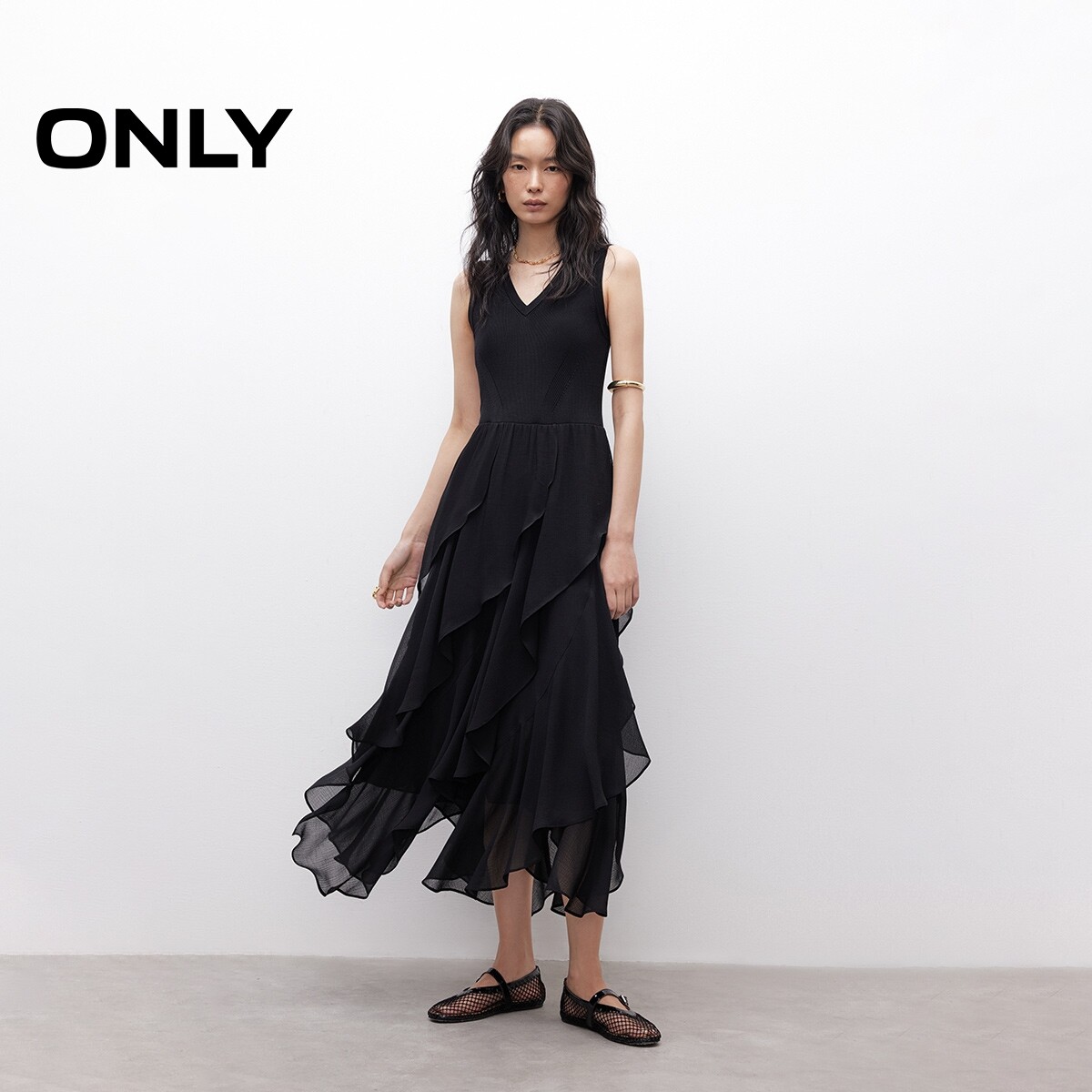 ONLYV领修身中长裙无袖连衣裙