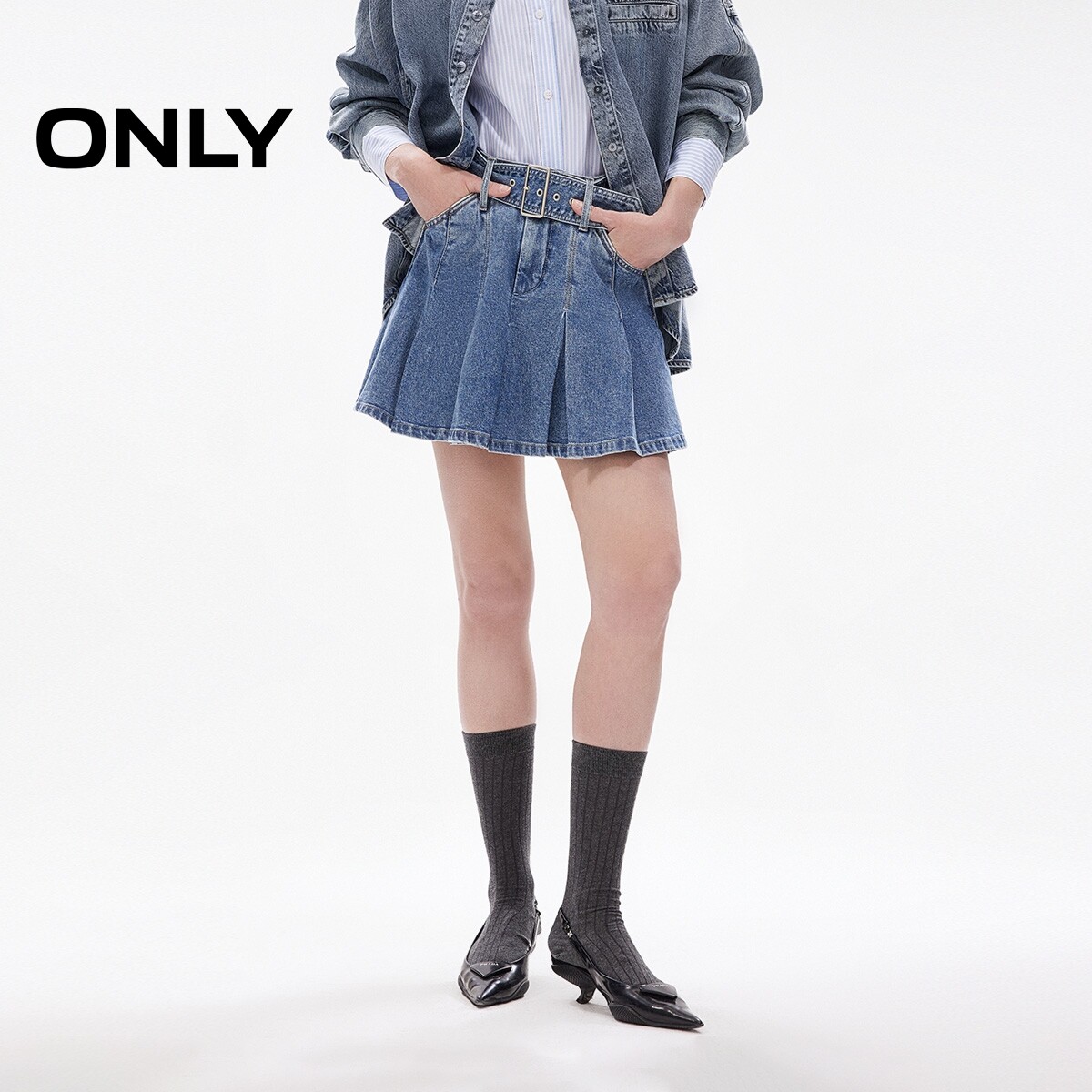 【ONLY奥莱】春夏甜美减龄腰带装饰A字百褶高腰短裙牛仔半身裙女