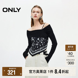 一字肩针织拼接设计修身 春款 显瘦长袖 短款 女 蕾丝衫 ONLY奥莱