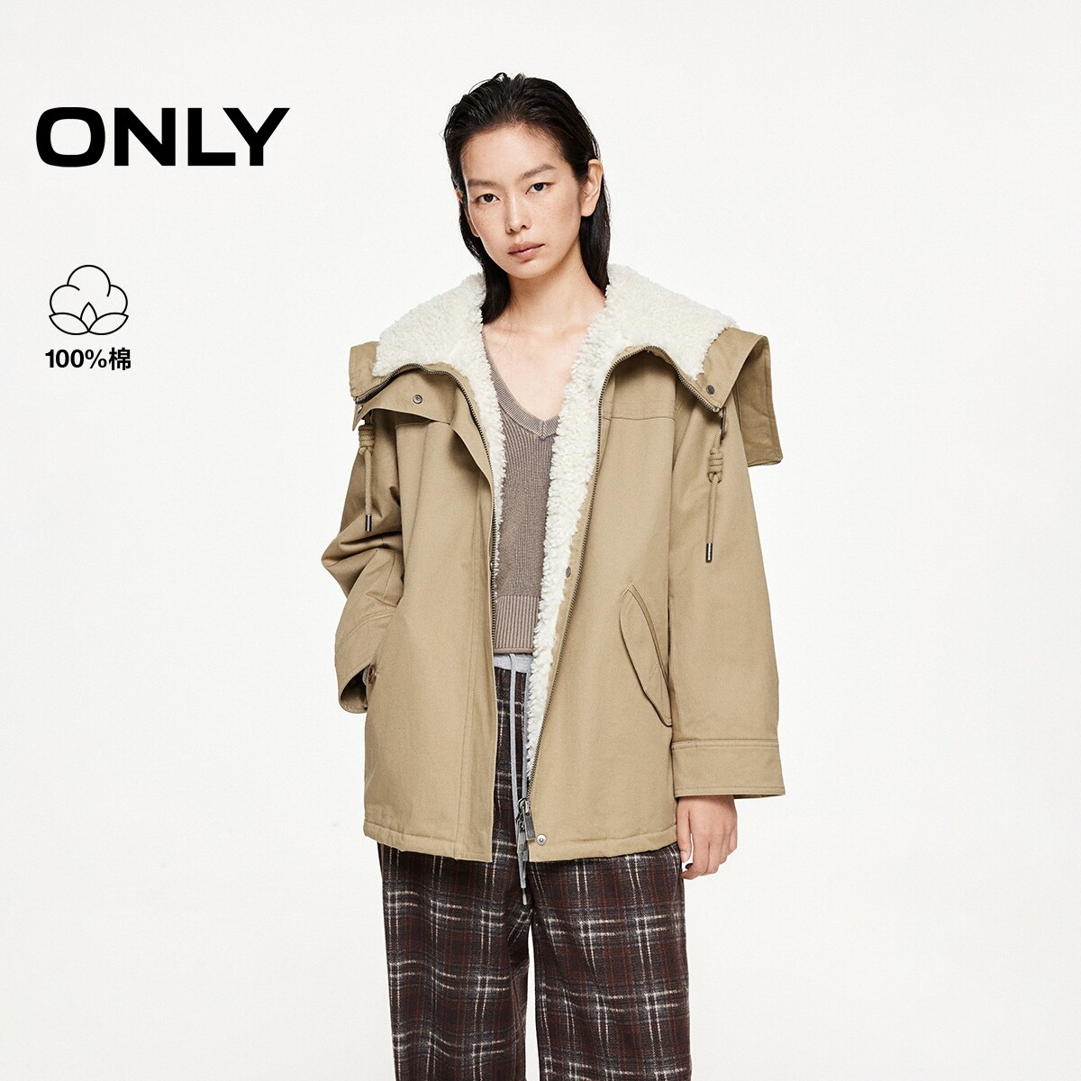 【ONLY奥莱】春季新款仿羊羔毛拼接翻领宽松派克棉服外套女
