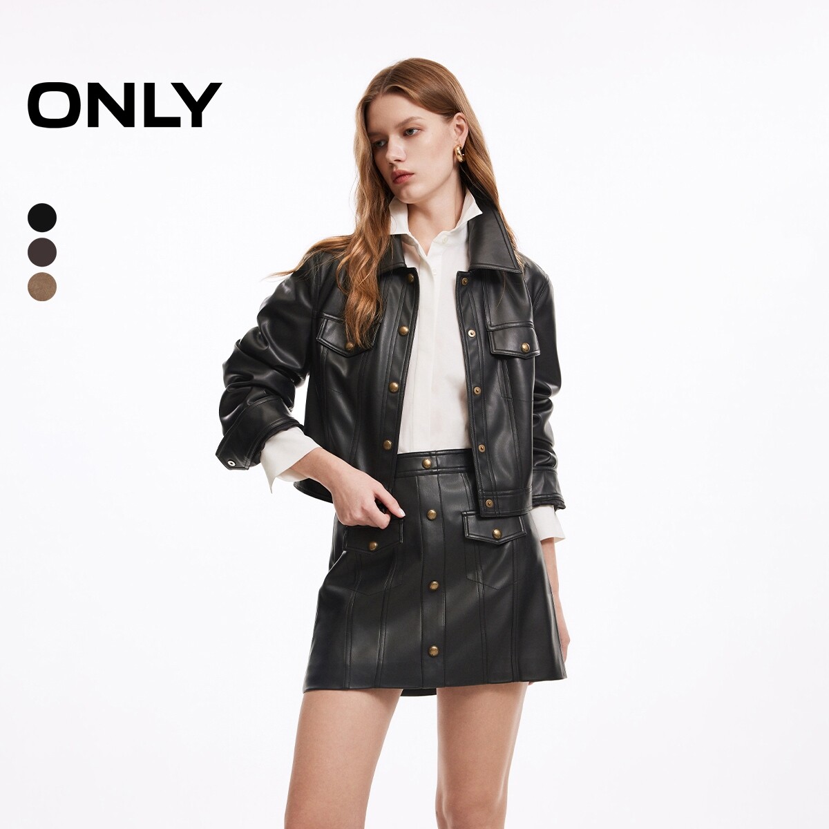 ONLY复古摩登短款正肩PU夹克外套