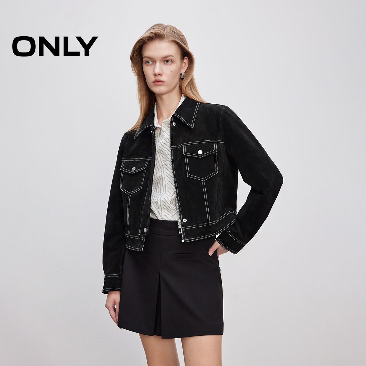 【ONLY奥莱】秋冬明线挺阔真皮面料正肩翻领直筒短款皮衣外套女