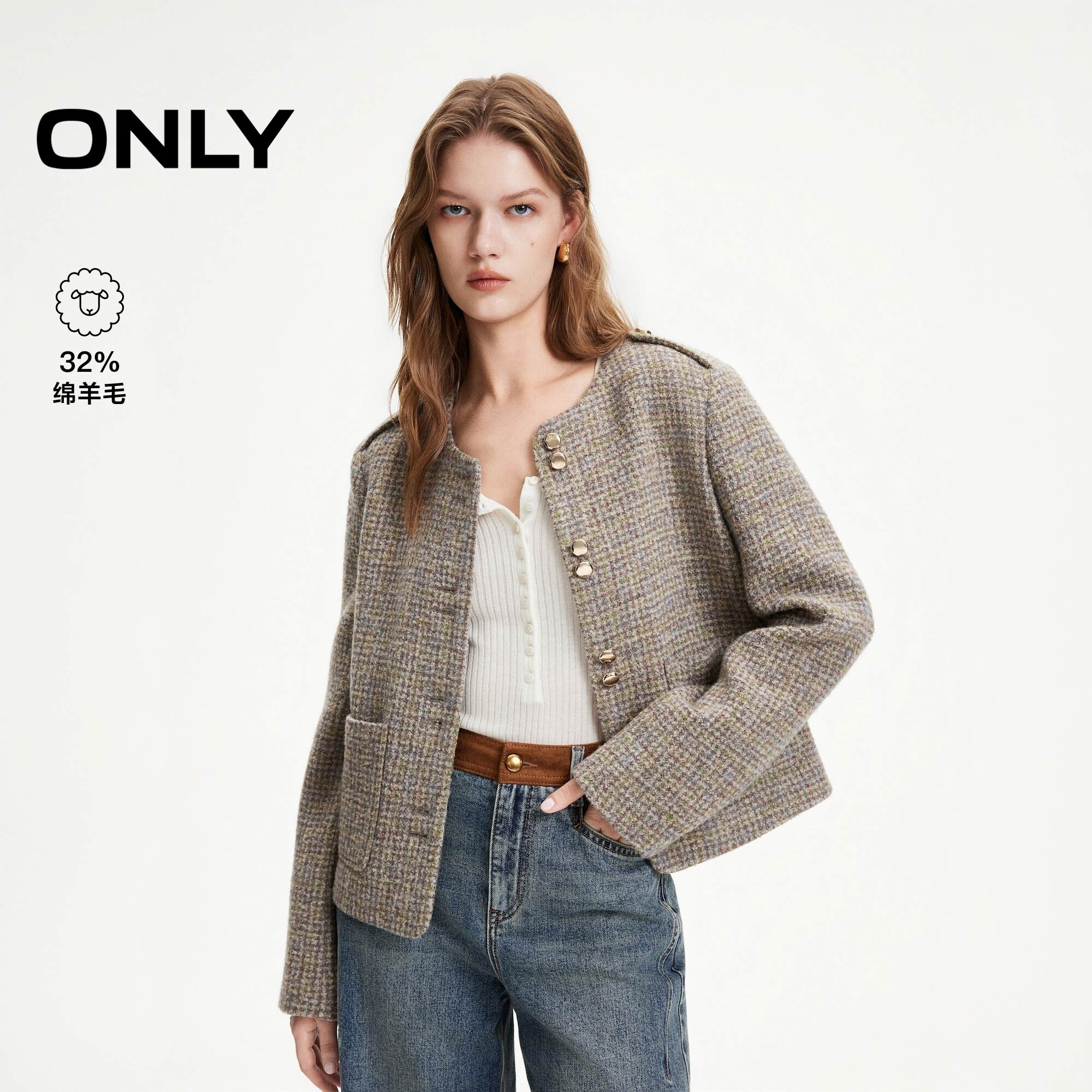 ONLY含羊毛复古格纹短款毛呢外套