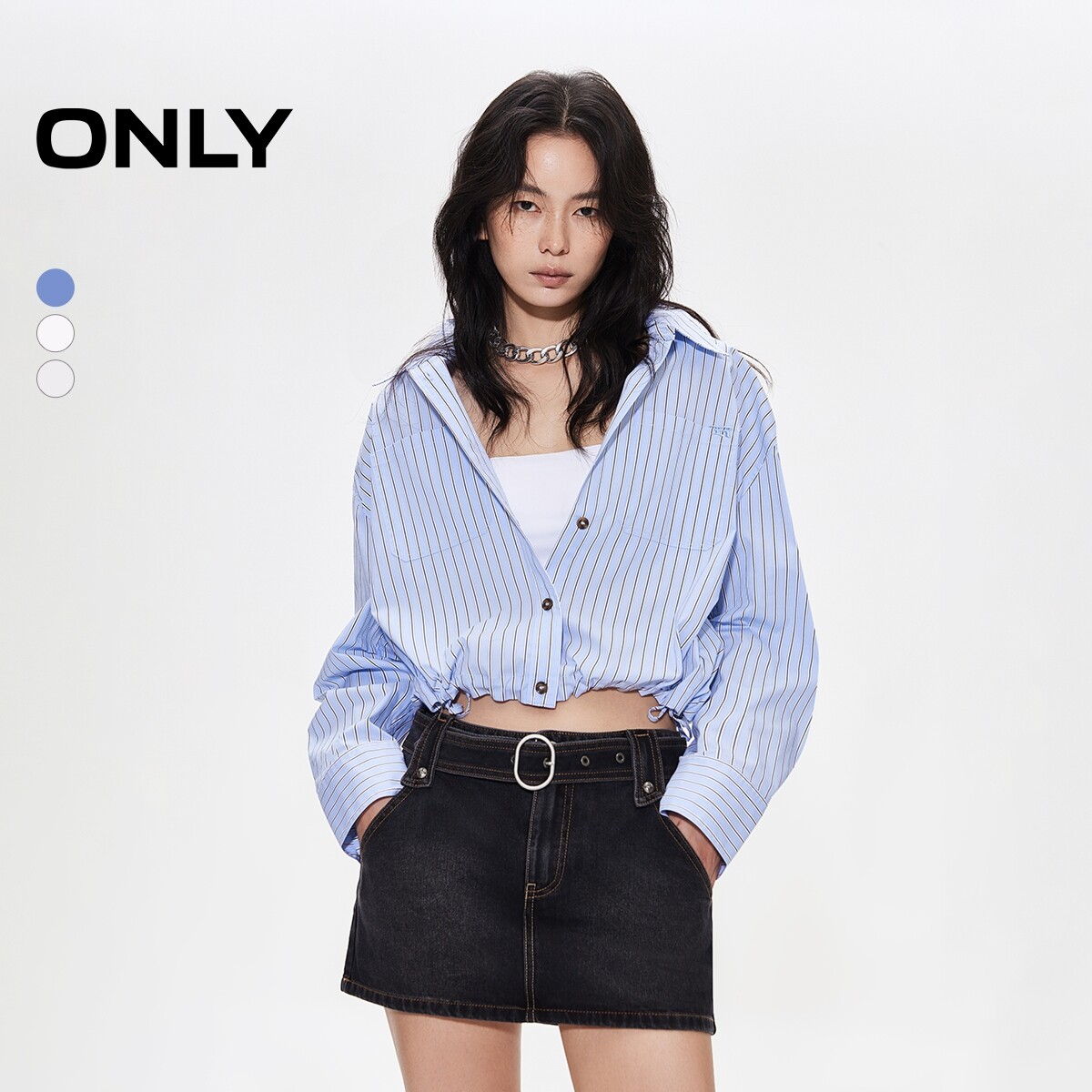 【ONLY奥莱】春夏轻薄条纹抽绳下摆实用口袋落肩长袖宽松衬衫女