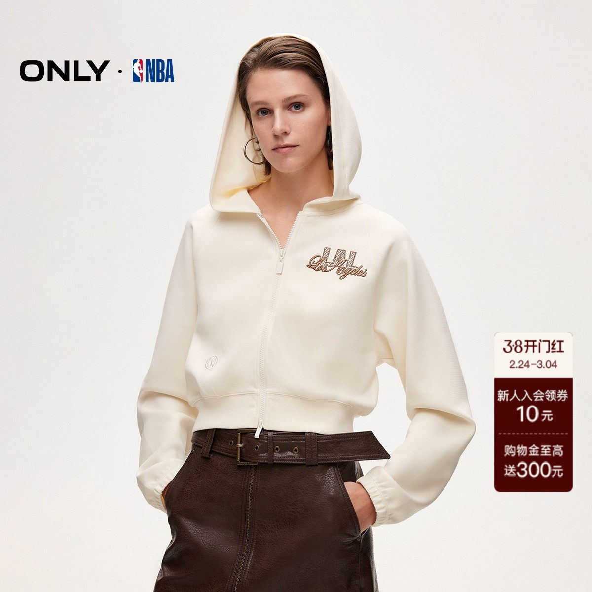 【ONLY奥莱】春款短款美式针织舒适显瘦插肩袖刺绣贴布连帽卫衣女