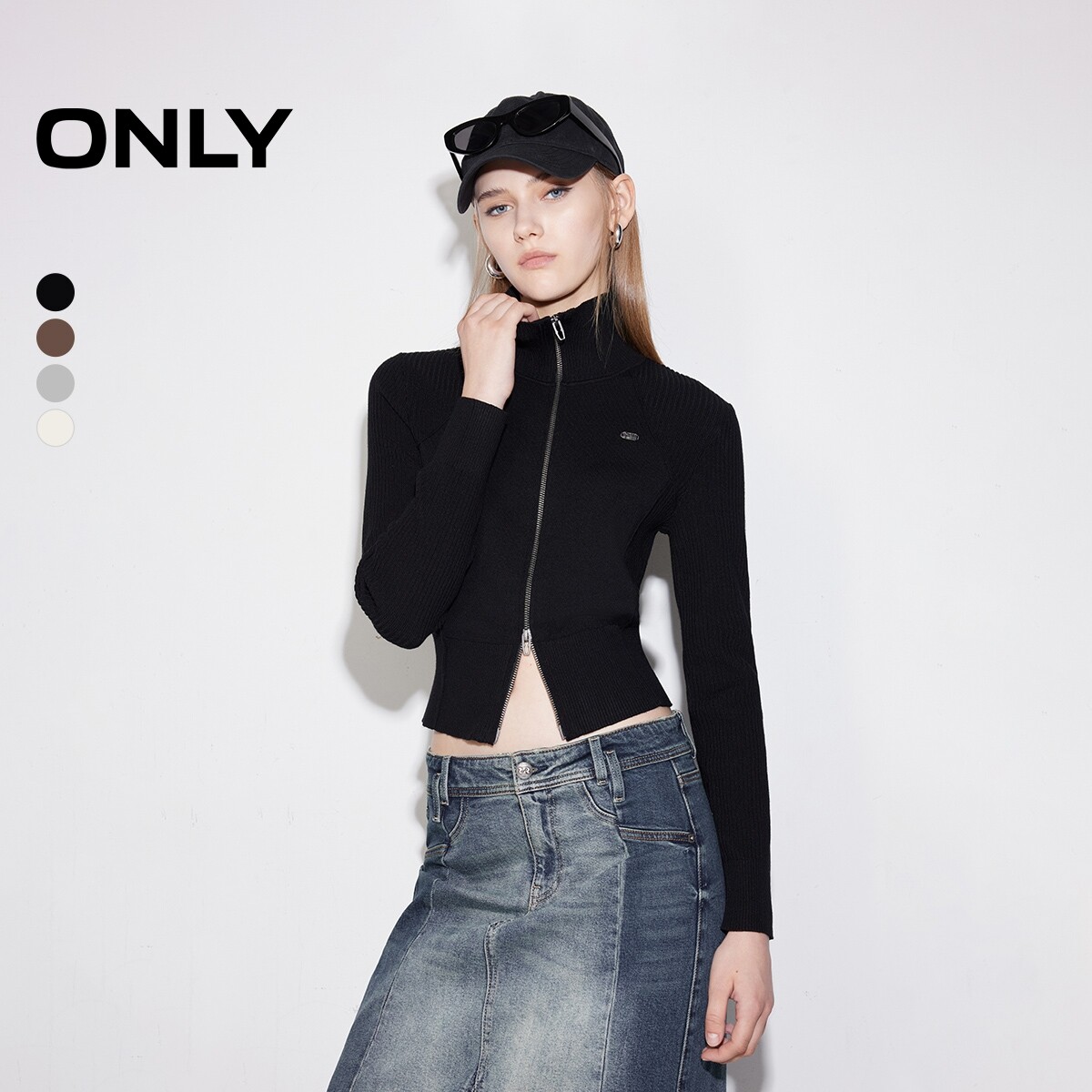【ONLY奥莱】春夏百搭保暖小高领显瘦拼接拉链短款开衫针织衫女