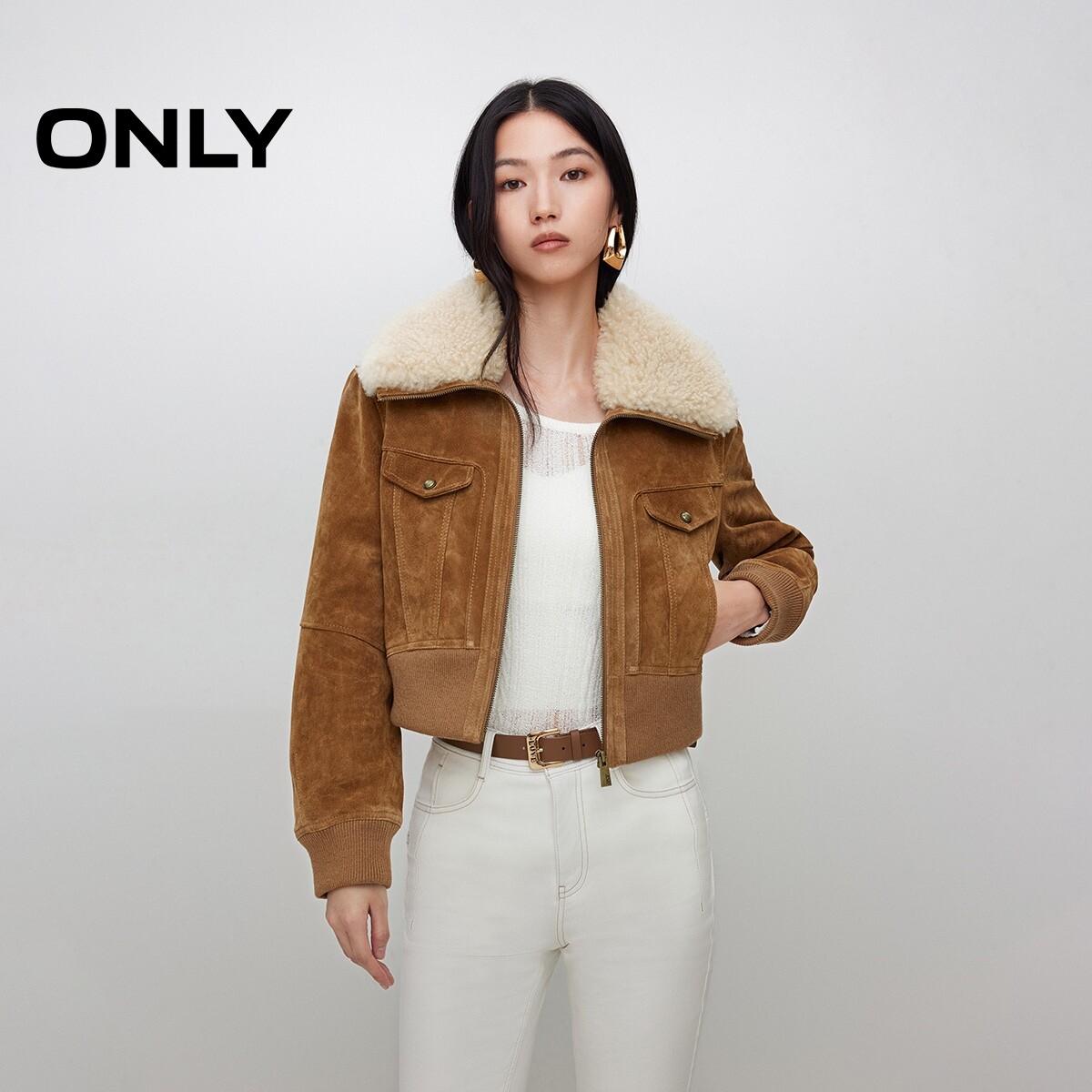 ONLY正肩设计长袖皮衣外套