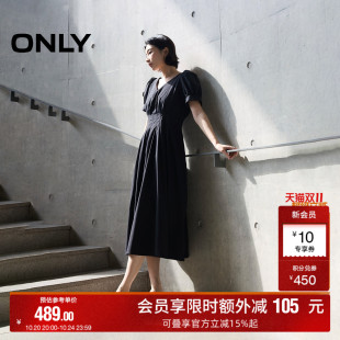 收腰显瘦中长裙短袖 纯色高腰V领泡泡袖 连衣裙女 新款 ONLY2025夏季