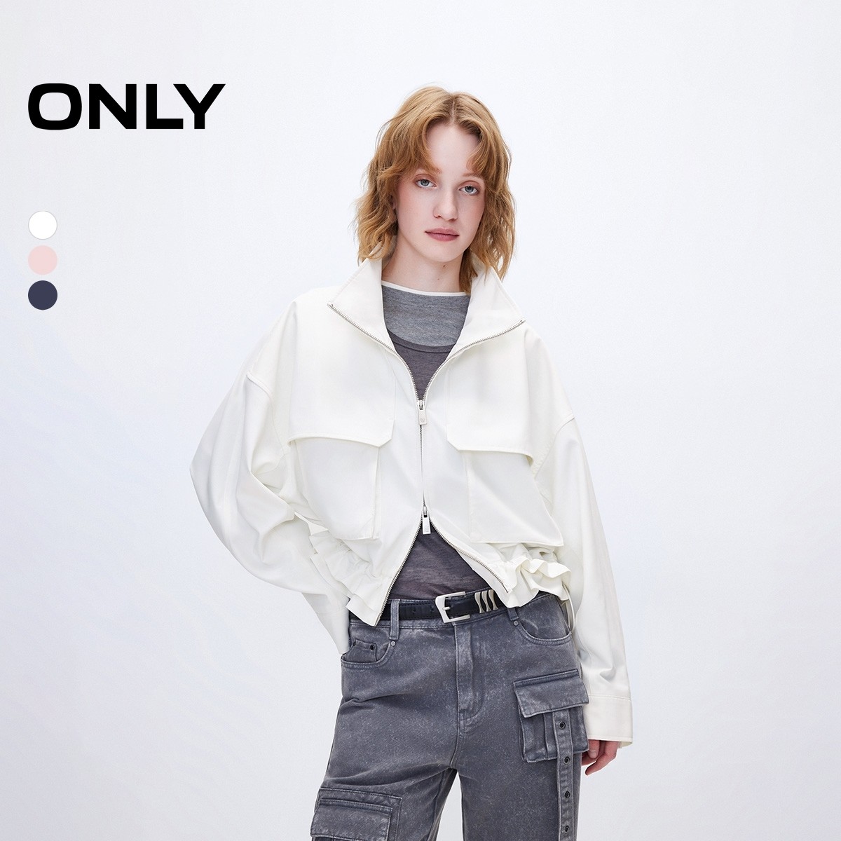 【ONLY奥莱】春季新款时尚休闲风短款宽松高领风衣外套女