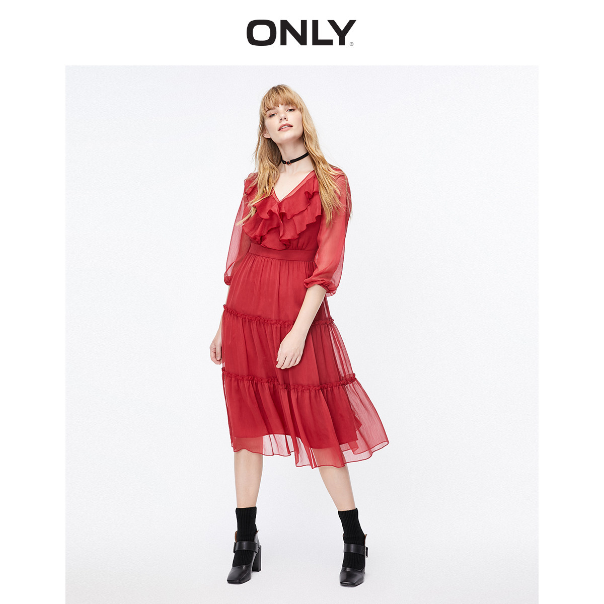 ONLY奥莱清仓秋季新款高腰荷叶边雪纺连衣裙女|119307581