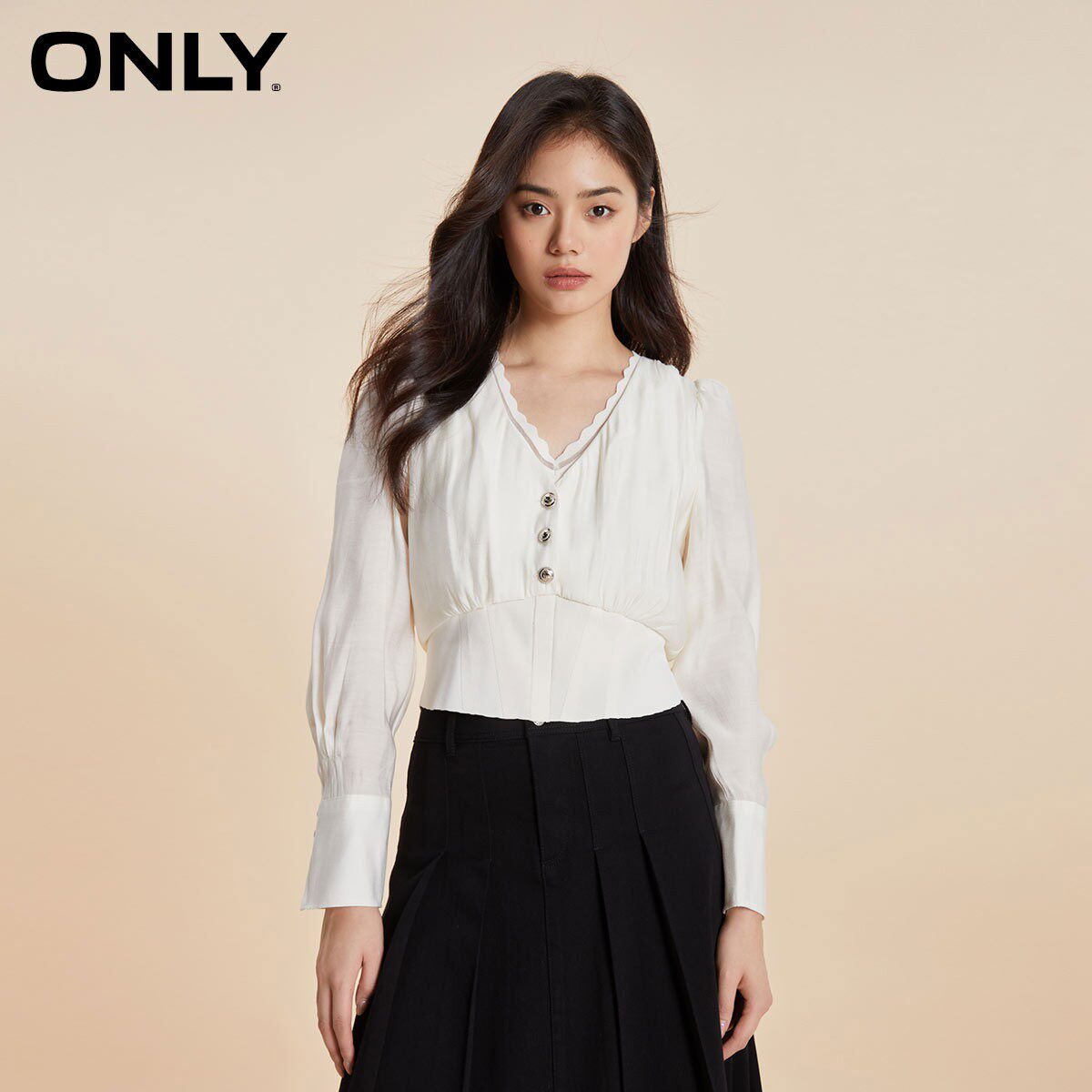 【ONLY奥莱】春季新款气质质感V领泡泡袖假两件雪纺衫女