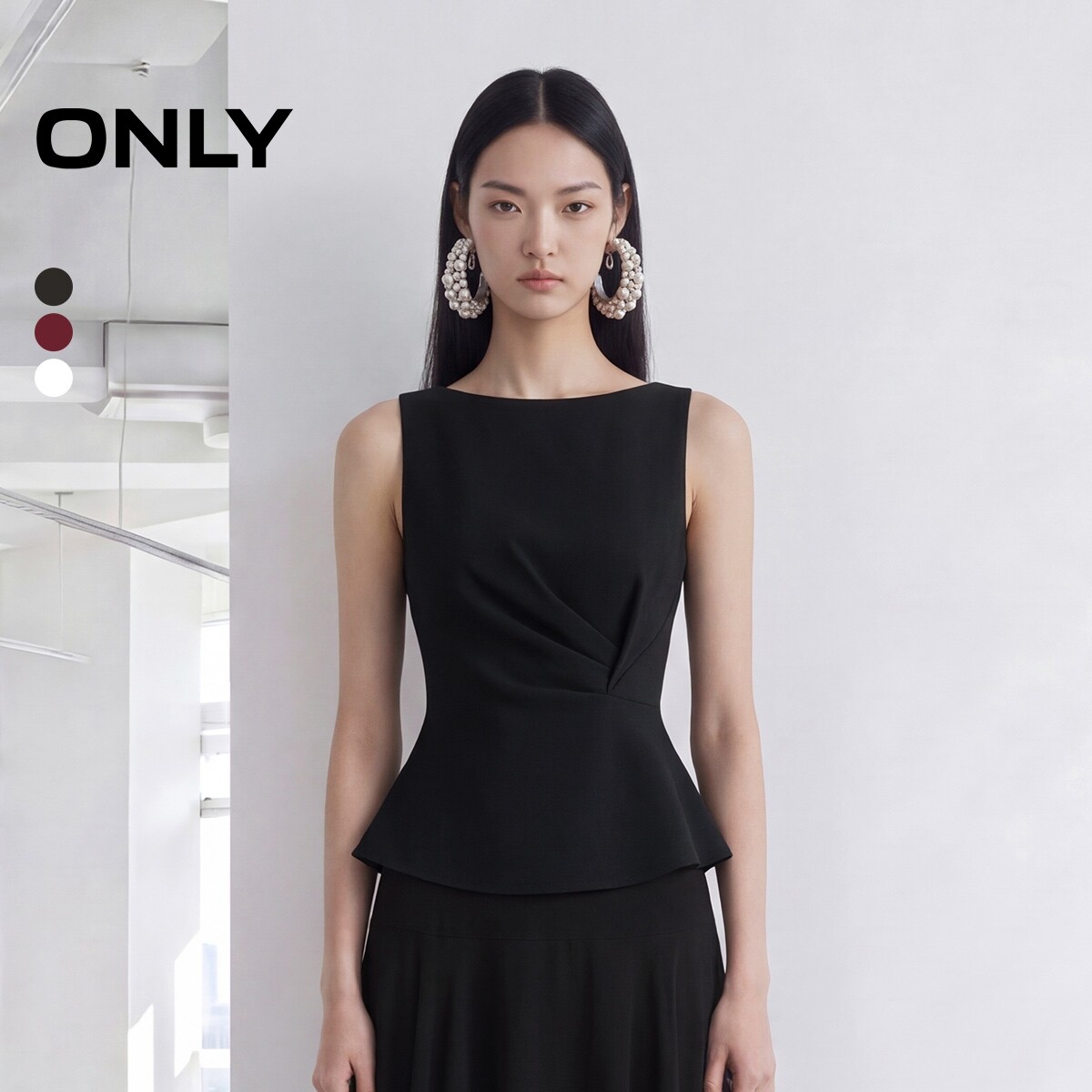 ONLY一字领无袖收腰蕾丝衫上衣女
