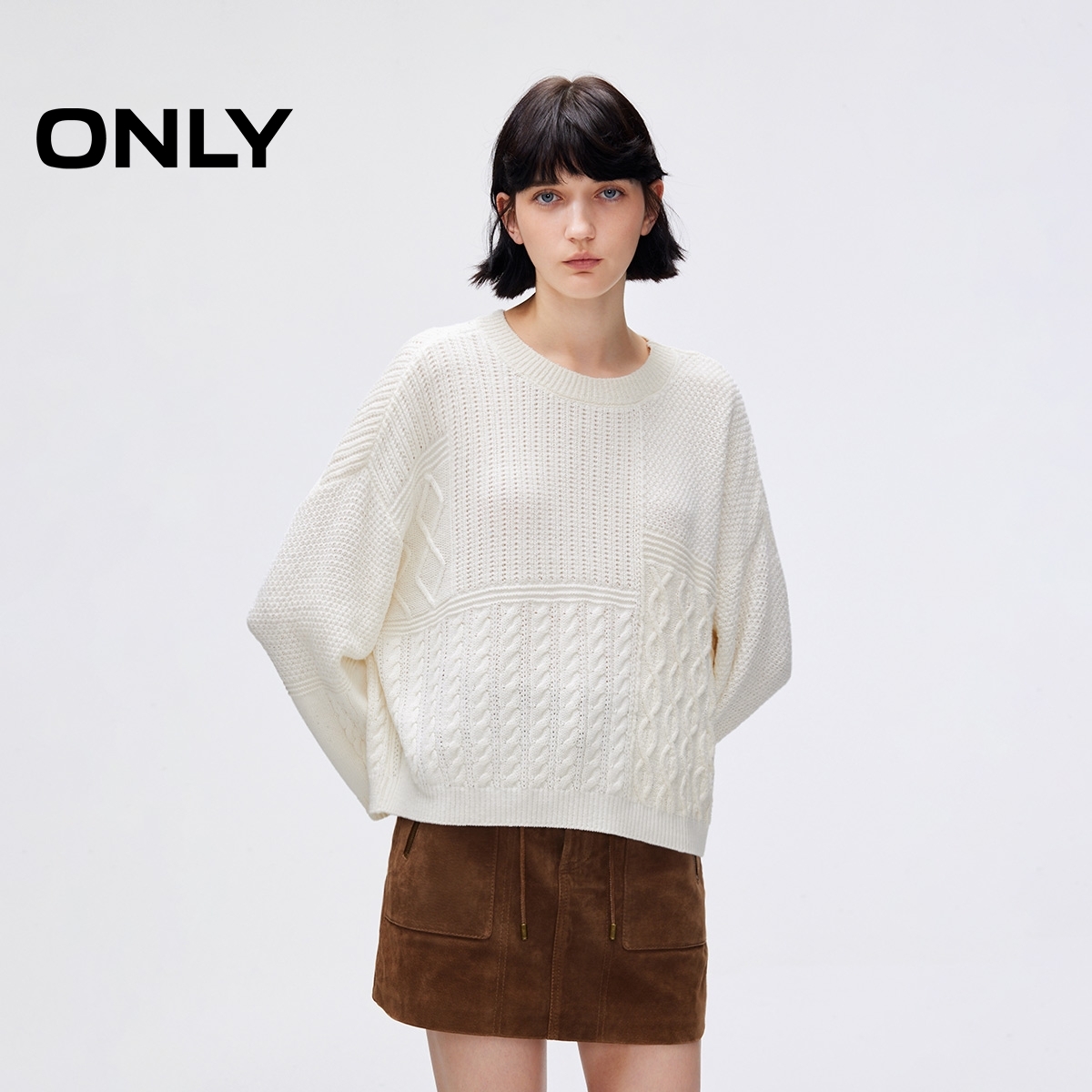 ONLY2025秋冬新款设计感亮片纱线宽松落肩慵懒松弛毛衣针织衫女