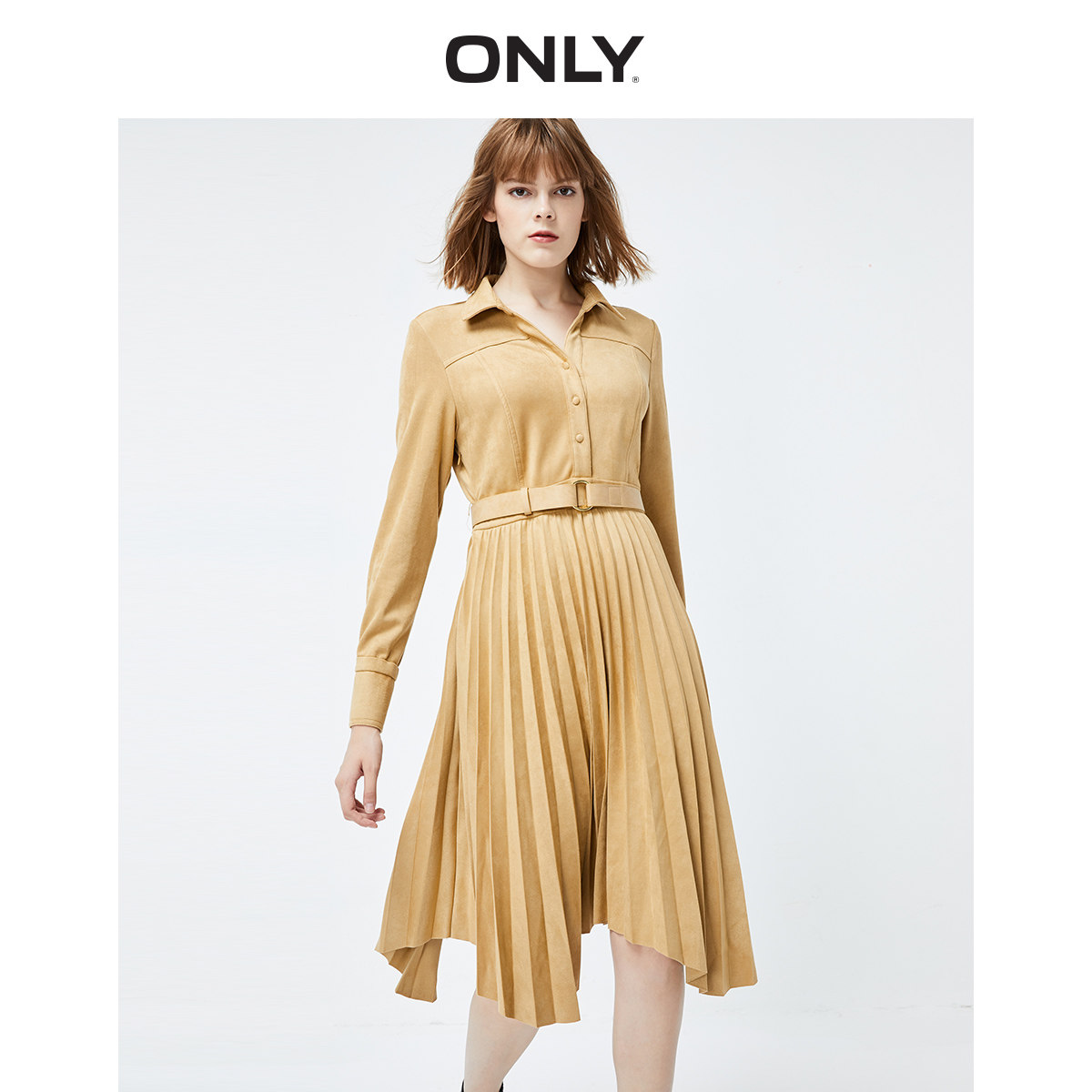 ONLY奥莱冬季新款气质绒面百褶不规则裙摆长袖连衣裙女|119461501