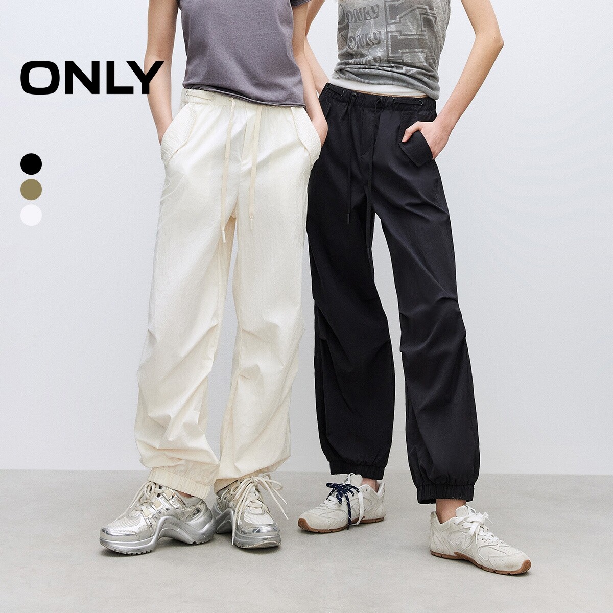 【ONLY奥莱】春款休闲运动风松紧腰头宽松长款直筒束脚休闲裤女