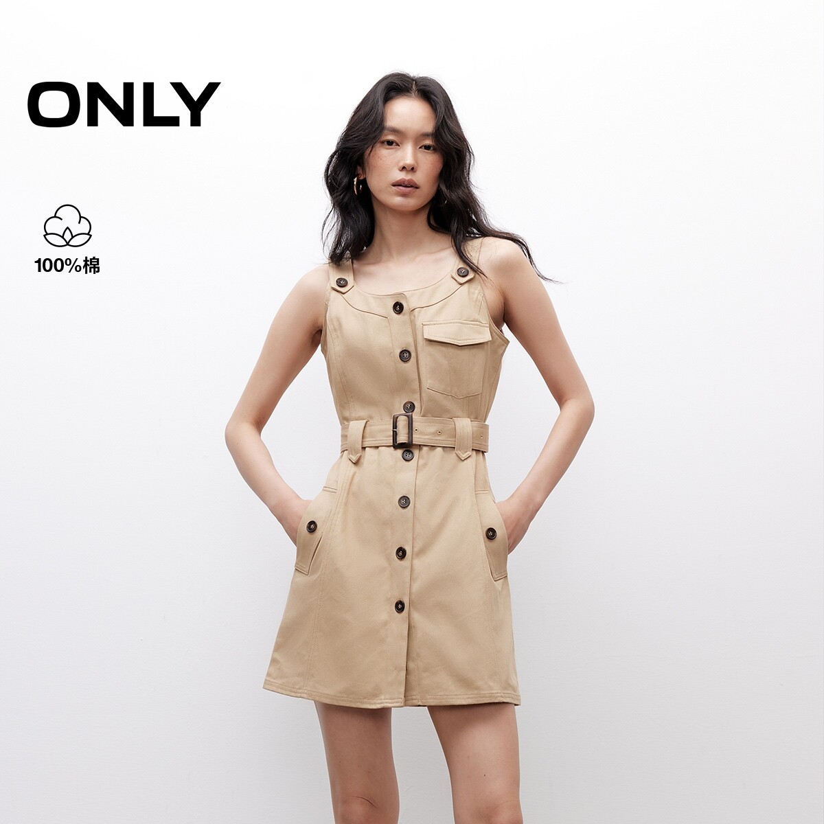 【ONLY奥莱】夏季大口袋装饰同色系腰带U领直筒短裙吊带连衣裙女