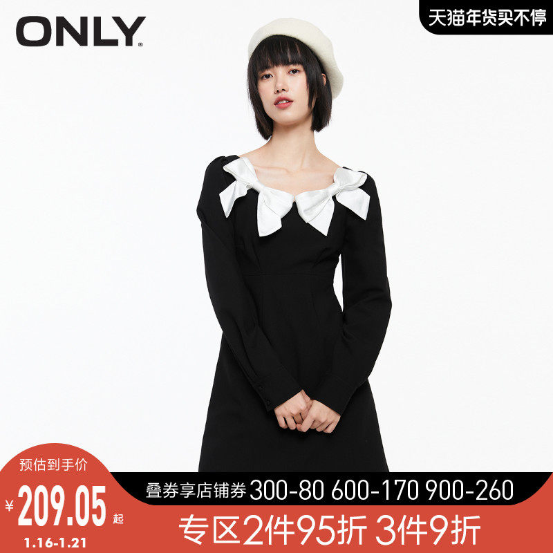 ONLY2021冬季新款时尚修身显瘦圆领蝴蝶结短款连衣裙女