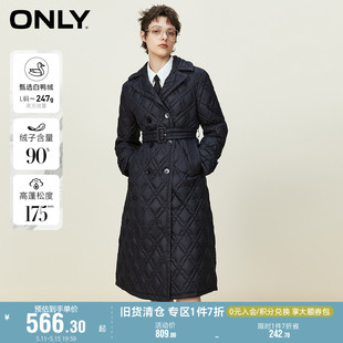 羽绒服女 ONLY奥莱90白鸭绒菱格缝线黑色长款