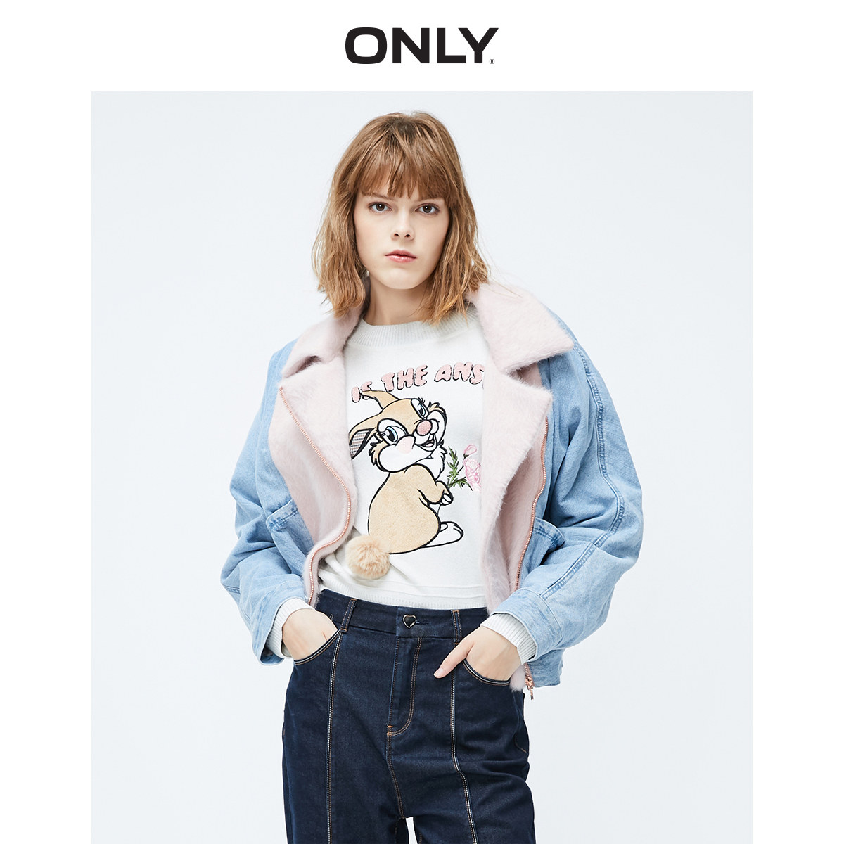 ONLY奥莱秋季新款毛绒宽松落肩短款牛仔棉服外套女|119454510