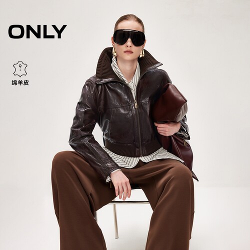 ONLY翻领短款羊皮皮衣外套