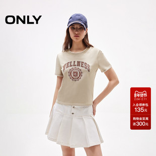 ONLY2025秋冬新款正肩假两件圆领纯棉撞色字母印花短款短袖T恤女