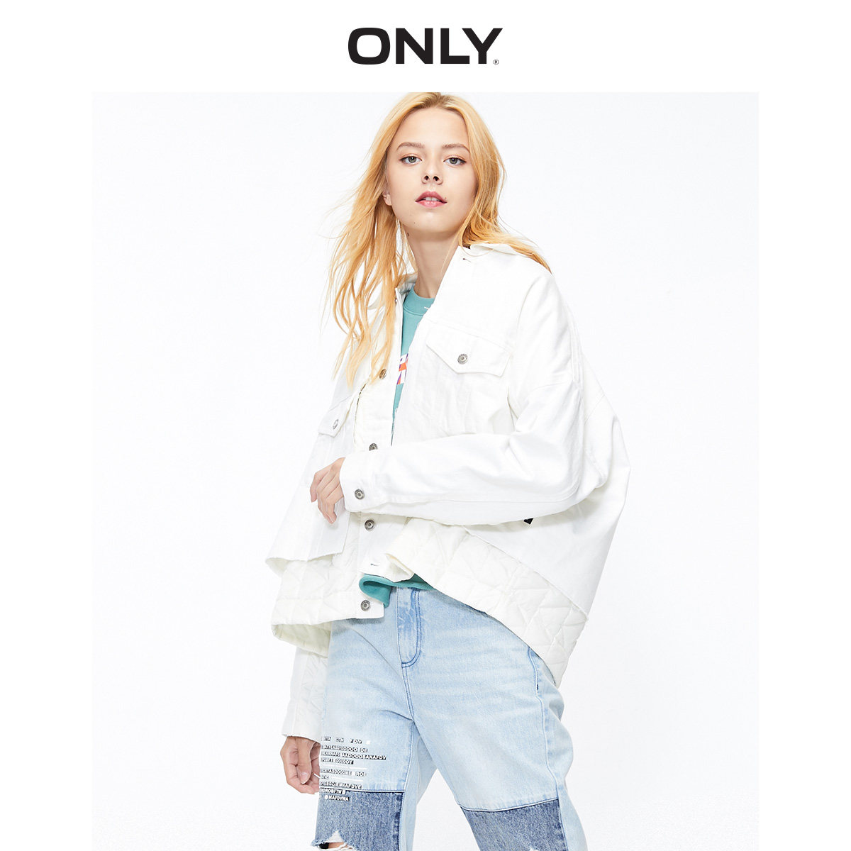 ONLY奥莱秋季新款拼接宽松版型牛仔薄棉服外套女|119454507