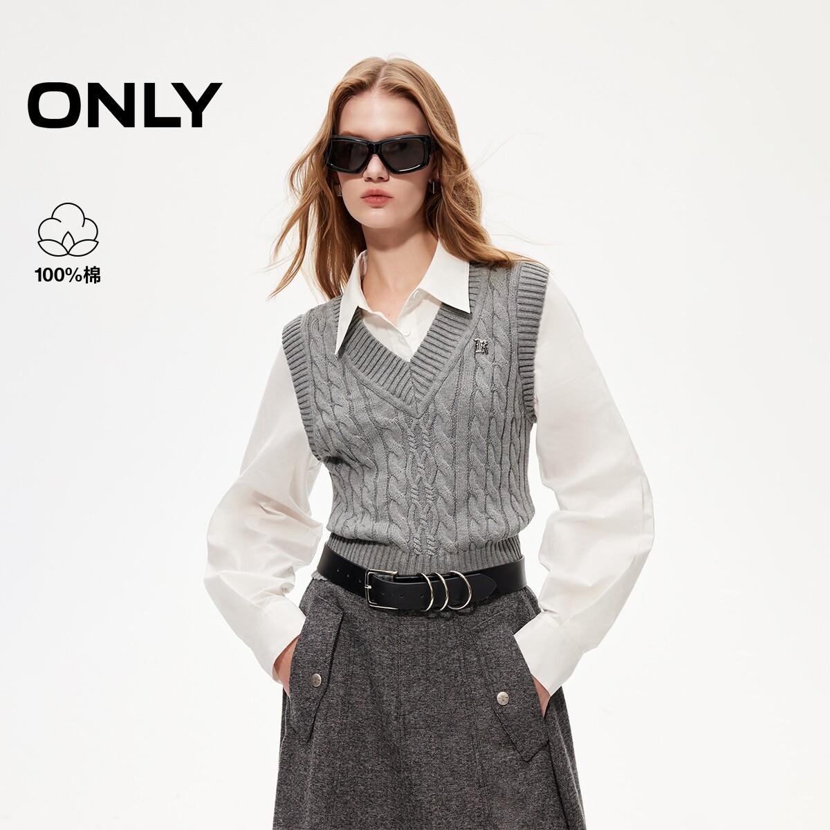 【ONLY奥莱】春夏拼接设计假两件叠穿马甲翻领绞花纯棉挺阔衬衫女
