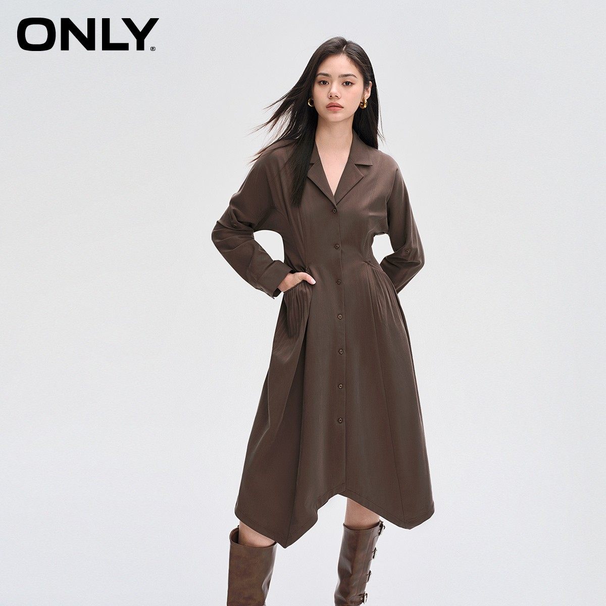 【ONLY奥莱】春夏新款时尚收腰伞裙中长款翻领衬衫连衣裙女