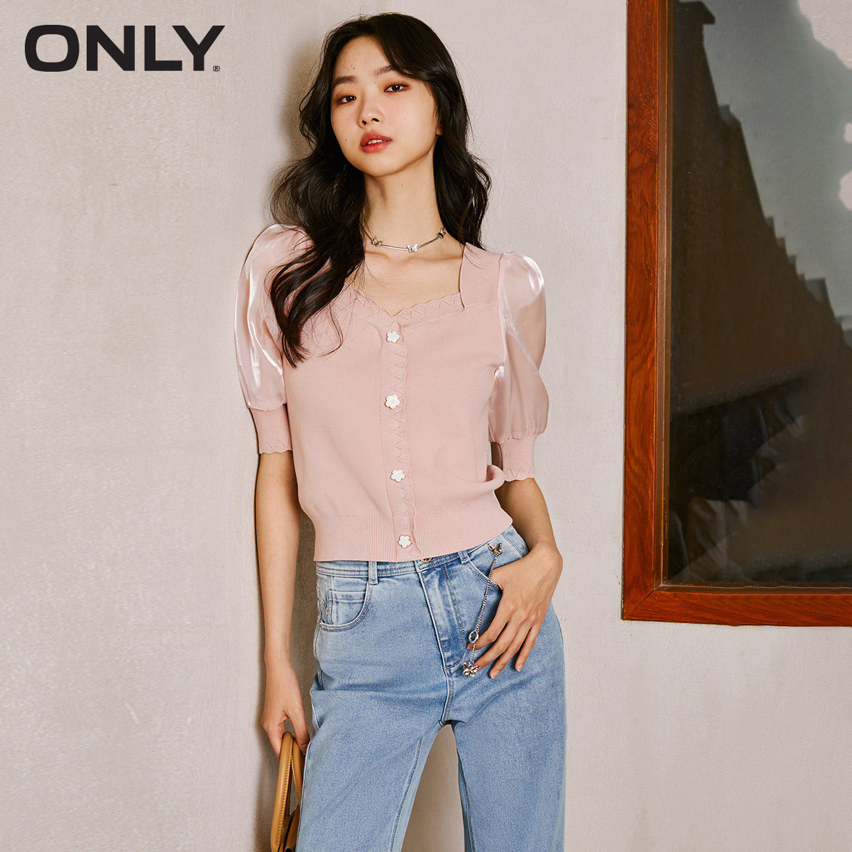 ONLY花朵拼接套头短袖针织衫