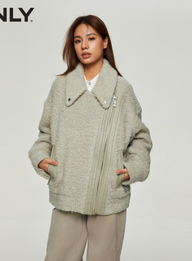 ONLY拉链拼皮设计宽松棉服外套