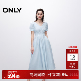 收腰显瘦中长裙短袖 纯色高腰V领泡泡袖 连衣裙女 新款 ONLY2025秋季