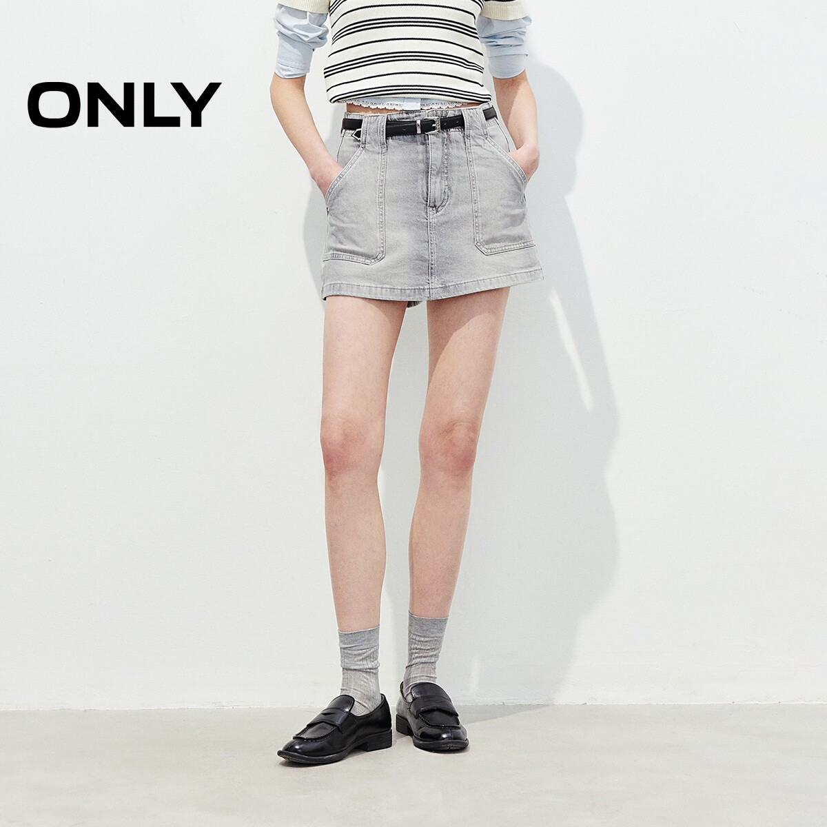 【ONLY奥莱】夏季实用贴布口袋显高显瘦A字高腰裤裙短裤牛仔裤女