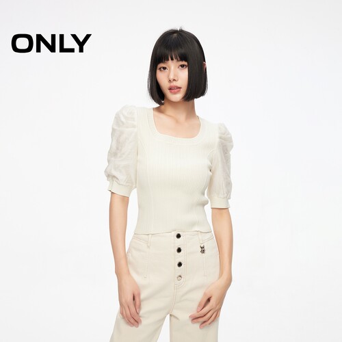 ONLY拼接面料泡泡袖U型领针织衫